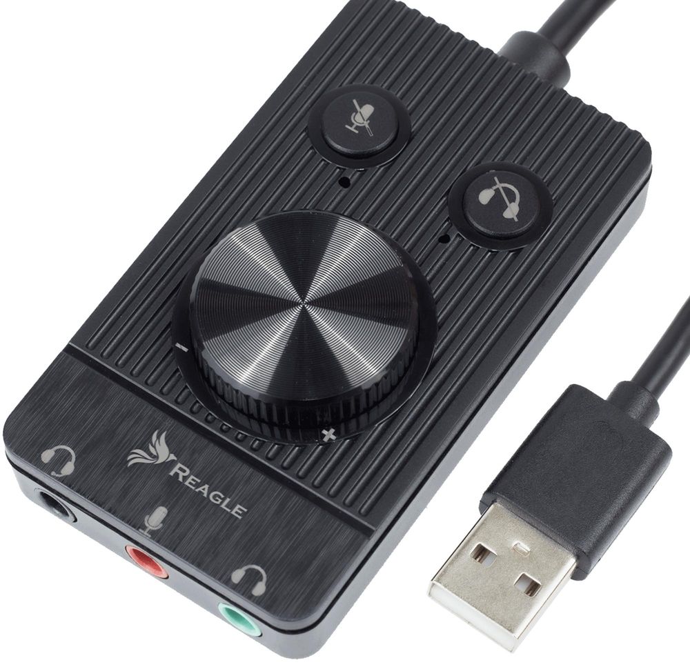 Reagle Externe USB Soundkarte Adapter USB auf 3,5mm Klinke für Headset, Kopfhörer & Mikrofon |mit Lautstärkeregler, Stummschalttaste, Plug & Play,