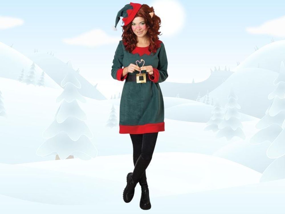 Weihnachtself Kostüm Damen 3-​teiliges Set mit Kleid, Gürtel und Mütze | Lustiges Elf-​Kostüm für Weihnachten und Fasching (42)