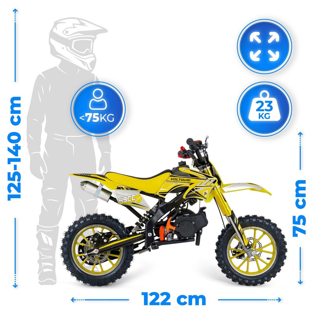 VOLTOURI CR49-YELLOW Mini Cross 49cc Benzin Motorrad für Kinder Offroad 35 km/h 10" Räder Scheibenbremsen Gelb