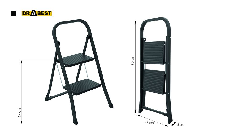 Drabest | Haushaltsleiter 2-stufig - Schwarz - Stabil und leicht - Ideal für Zuhause und Büro