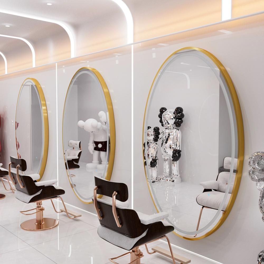Kappersconsole met ronde gouden LED spiegel 180x90 cm, voor barbier en schoonheidssalon.