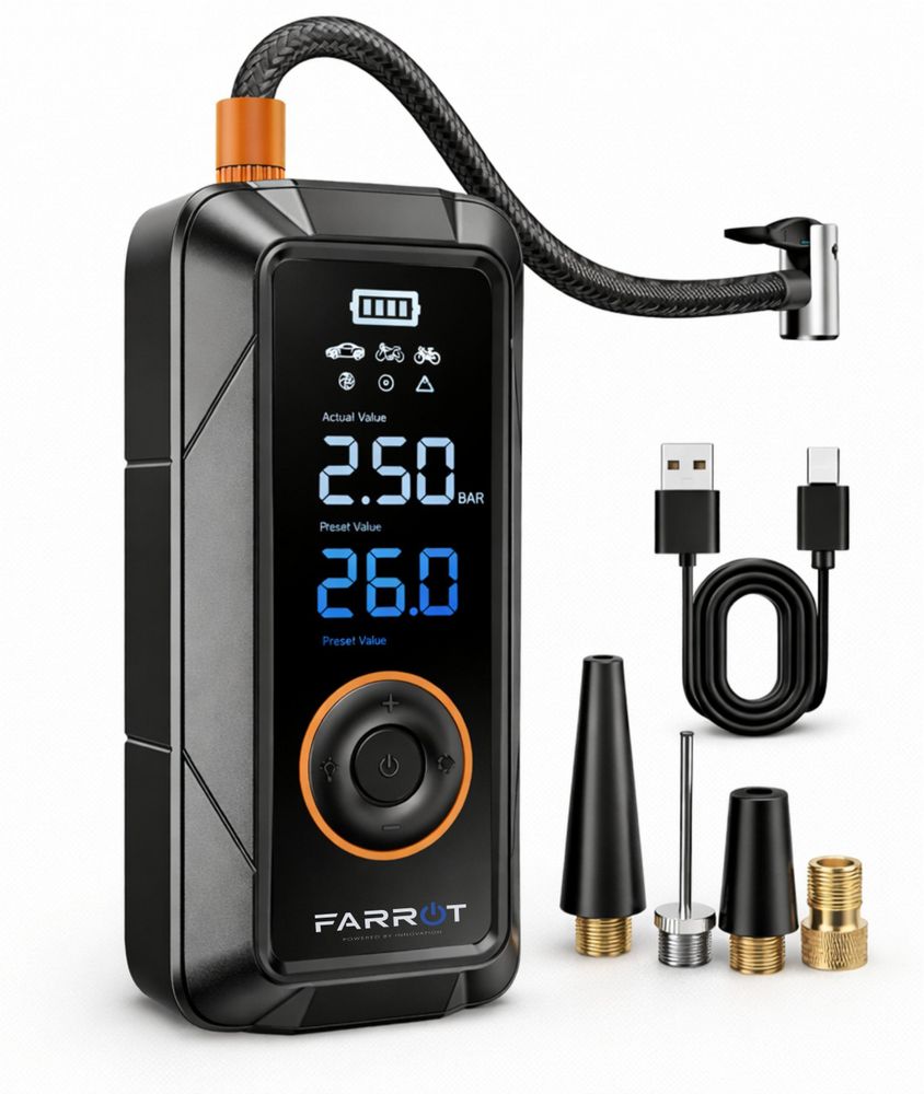 Set kompresora FARROT AirPump Pro 150 s príslušenstvom a nabíjacím káblom