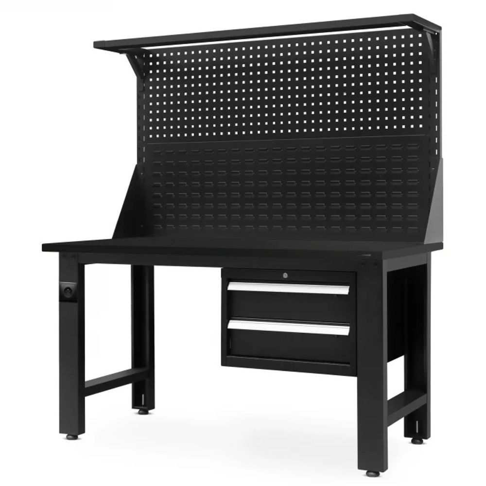 Werkbank mit Lochwand Werktisch Arbeitsplatte mit 2 Schubladen Metall, 150 cm x 170 cm x 75 cm, Farbe: Schwarz
