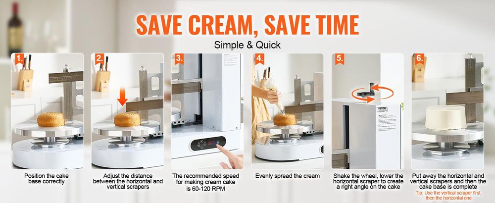VEVOR Kuchen-Dekorationsmaschine, Kuchencreme-Verteilmaschine, leise Kuchen-Glasurmaschine, Drehteller mit verstellbarem Schaber, für 4" bis 12" Kuchen, 25-320RPM Drehgeschwindigkeit, Weiß, 6-14 in, Weiß-a
