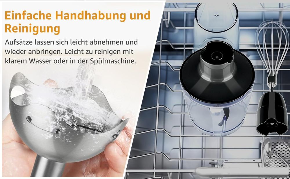 7MAGIC Pürierstab,4-en-1 Stabmixer Elektrischer,800W Stufenlos Geschwindigkeiten,Edelstahl,Schneebesen,Häcksler und Messbecher für Babynahrung,Schwarz