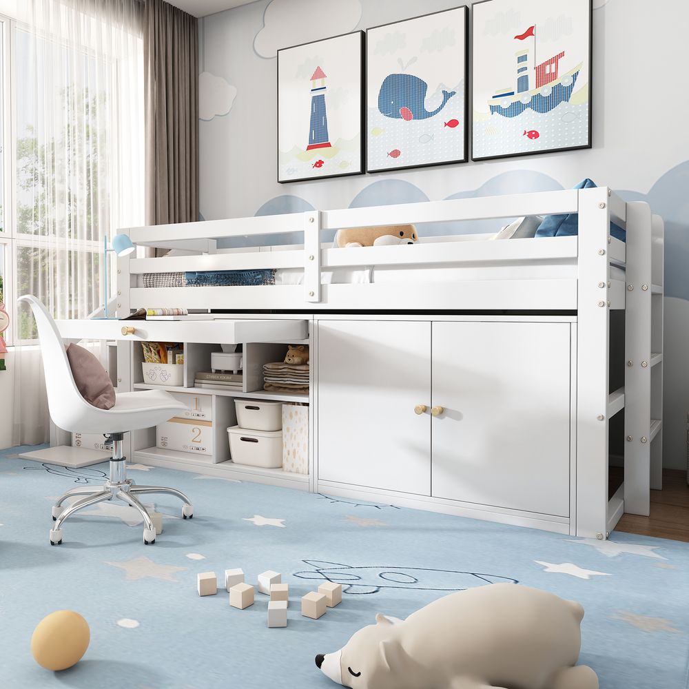 Flieks Etagenbett 90x200cm mit Schrank, Hochbett mit Leiter und Treppe, Kinderbett Stockbett Einzelbett mit Rausfallschutz, Holzbett für Kinder, Weiß