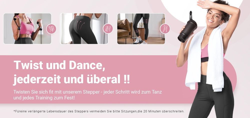 Mini Stepper 2-in-1 mit LCD-Display & Widerstandsseilen – Dreh- & Seitenschritttrainer bis 150 kg, Hometrainer für Beine, Po & Arme, Anfänger, rosa
