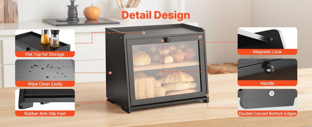 VEVOR Eck-Brotbox für die Küchenarbeitsplatte, doppelschichtige große Kapazität Bambus-Brotlagerbehälter, Bauernhaus-Holzbrotbox für hausgemachtes Brot, Aufbewahrungsbehälter mit akryl-welligem Tür, natürlich, Schwarz, Doppeldecker-b