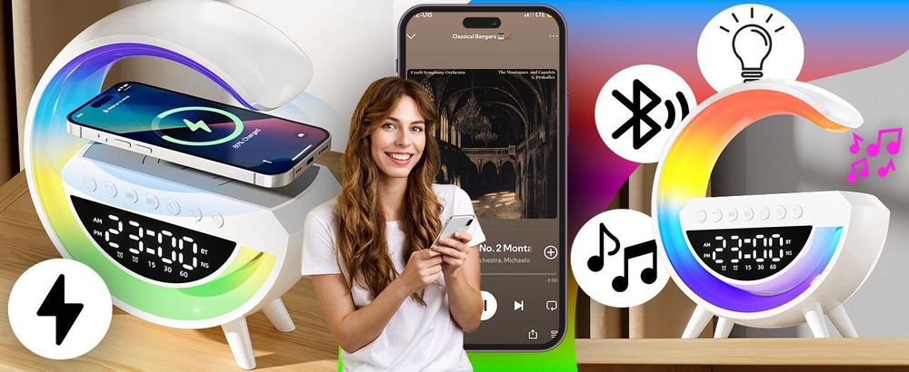 Nachttischlampe mit Ladefunktion - LED Touch Dimmbar mit 7 RGB Farben, Kabelloses 15W Laden -Bluetooth Lautsprecher Wecker & Uhr  USB AUX TF Retoo