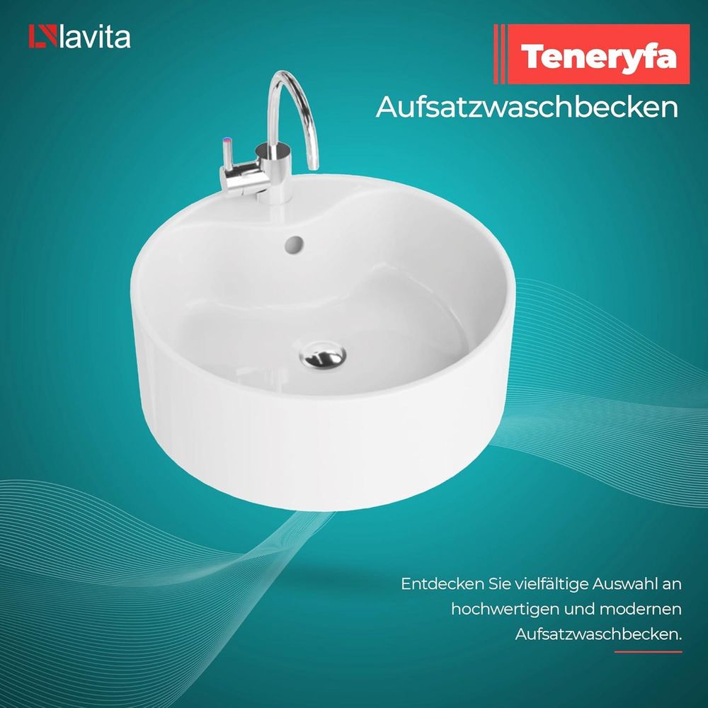 LAVITA Aufsatzwaschtisch Teneryfa | Aufsatzwaschbecken Rund | Waschbecken mit Überlauf und  Hahnloch | Aus hochwertigem Porzellan | Waschtisch | 41x41x15 cm | Weiß Glanz