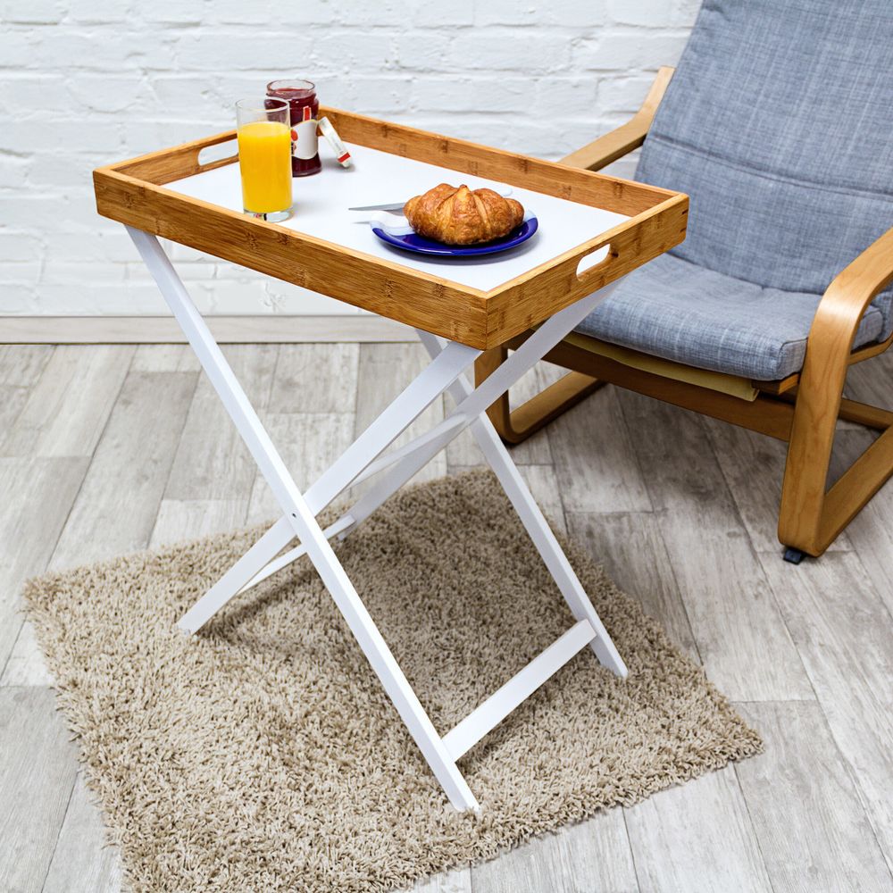Relaxdays Tabletttisch Bambus HxBxT:72x60x40cm, Beistelltisch mit Tablett, Klapptisch/Serviertablett, weiß