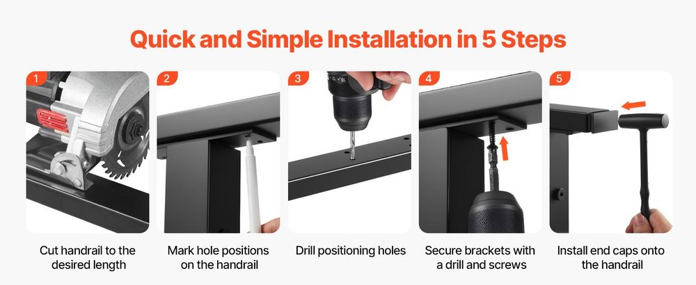 VEVOR Balkon Geländer aus Edelstahl, 4er-Pack, rechteckiger Handlauf für Treppendecks oben für Außen-/Innenstufen mit Endkappe, mattschwarze Beschichtung, Kabelgeländer-Set, 50x25x1981 mm