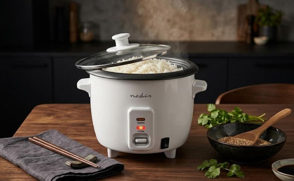 Nedis Reiskocher - 0.6 l - 300 W - Aluminium-Dampfer - Antihaft-Beschichtung - Herausnehmbare Schüssel