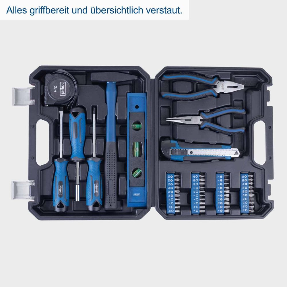 Scheppach Werkzeugkoffer WZK49 - 50tlg. gefüllt | stabiler Kunststoffkoffer | mit Hammer, Maßband, Bits, Messer, Wasserwaage u. Zangen