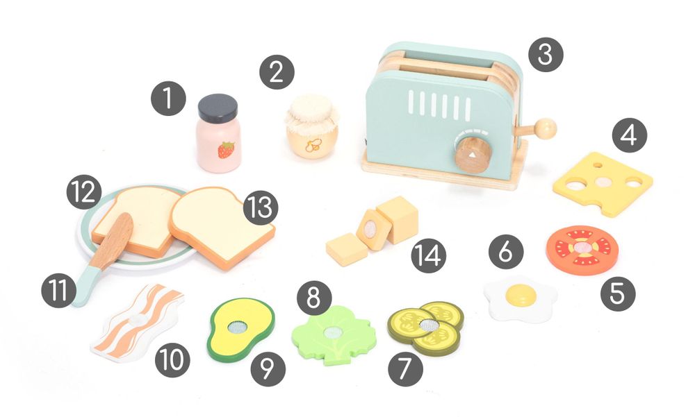 17-teiliges Holz-Toaster- und Sandwich-Spielset mit Lebensmitteln, Teller und Messer