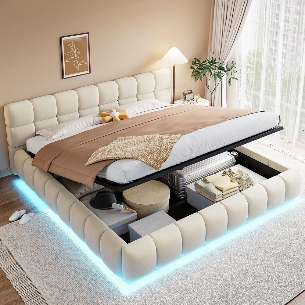 STILVORA Polsterbett 180x200 cm mit hydraulischem Stauraum & LED-Lichtleiste, Doppelbett mit Kopfteil & Seitenteilen, Stauraumbett für Schlafzimmer, Samtstoff, Beige