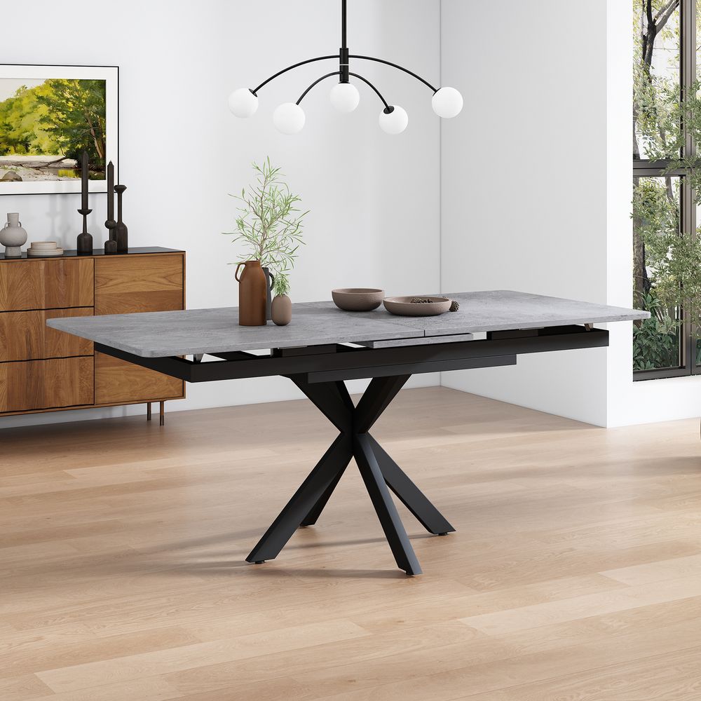 MODFU Esstisch 150/180x70x76cm automatisch ausziehbarer Esstisch, Schwarz und Grau