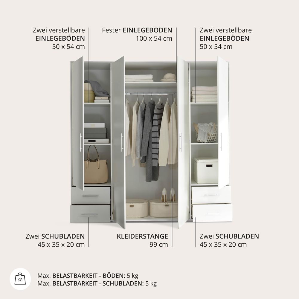 Valencia Kleiderschrank – Drehtürenschrank mit 4 Schubladen und viel Stauraum