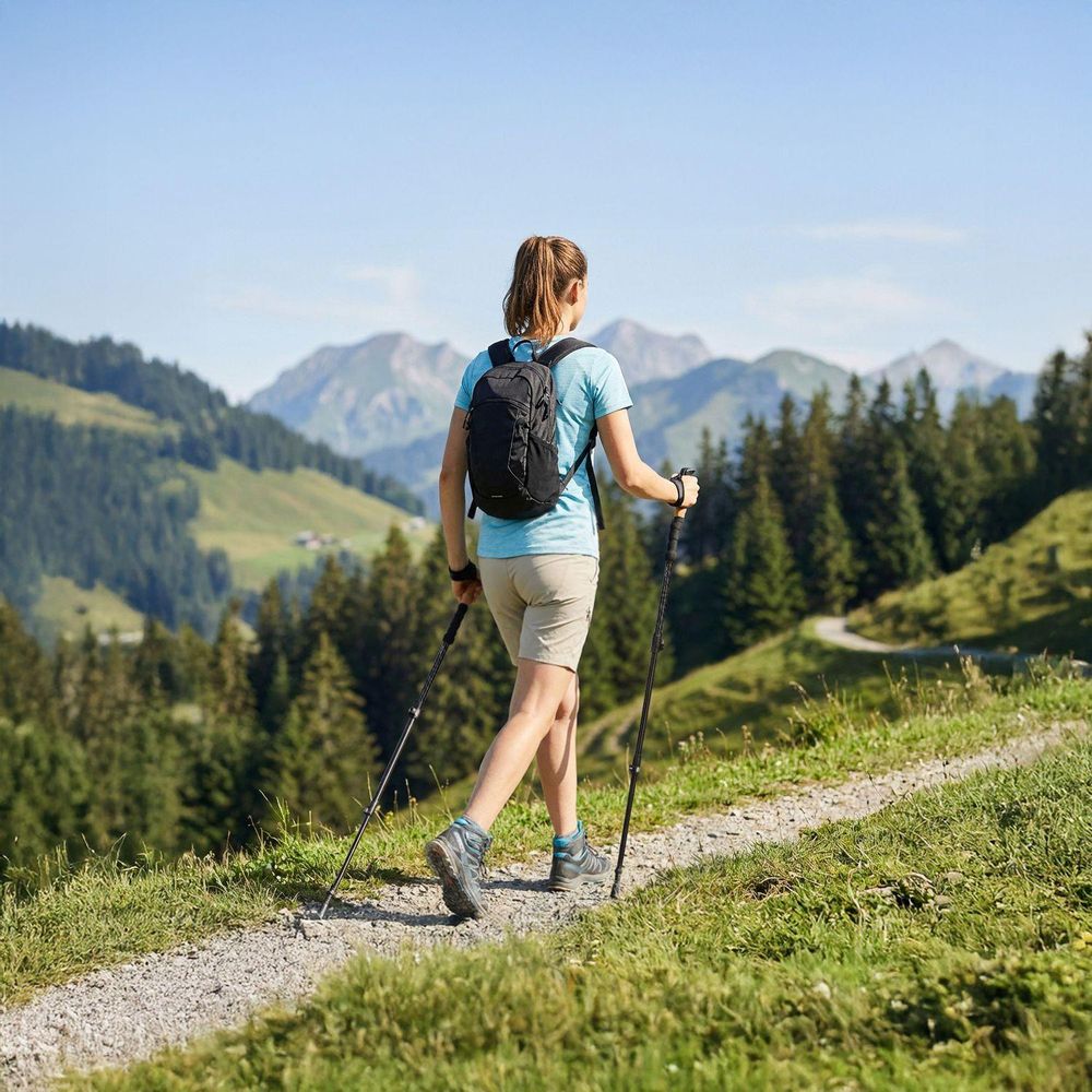 Rückansicht einer Wanderin mit schwarzem Rucksack auf einem Panoramaweg