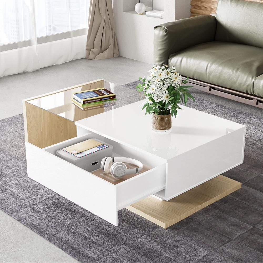 okwish Couchtisch Hochglanz Rechteckig, LED-Beistelltisch für Schlafzimmer, Wohnzimmertische mitGlas fürs Wohnzimmer, Beistelltisch mit 1 Schublade, Weiß und Holzfarbe