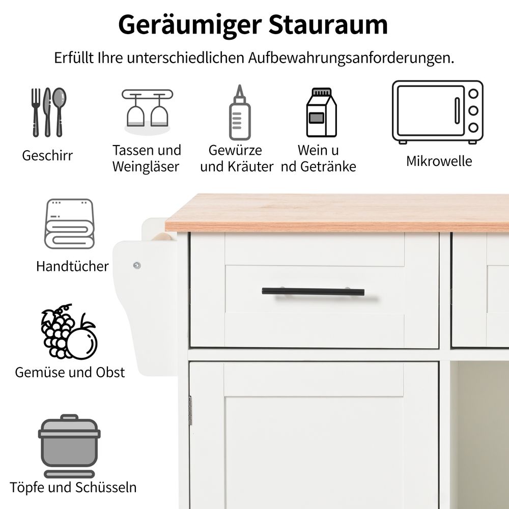 Flieks Servierwagen Kücheninsel Küchenschrank mit 3 Schubladen, Speisewagen mit Erweiterbarer Arbeitsplatte, Kücheinselwagen Küchentrolley, Weiß