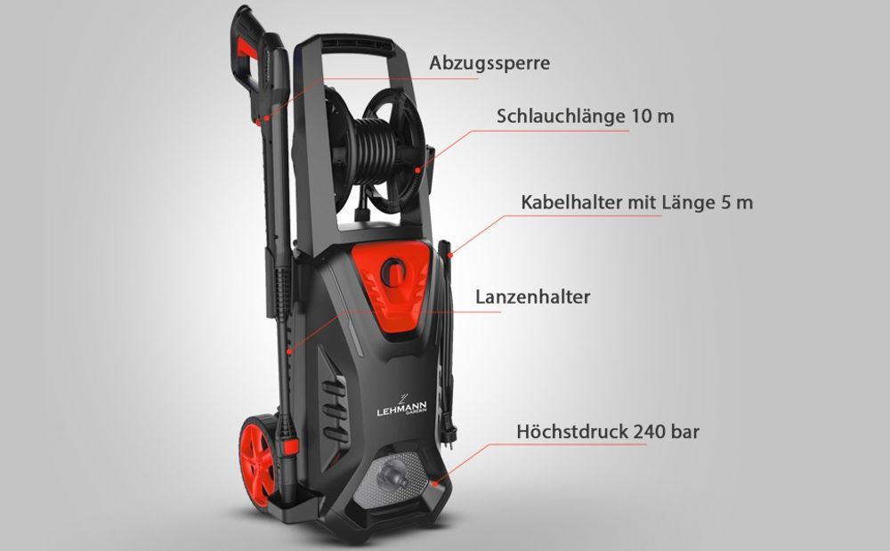 Hochdruckreiniger Lehmann Missouri mit Wasserpumpe, 160 bar, 2200 W, 480 l/h, inkl. 10m Schlauch, Schaumflasche und zwei Düsen