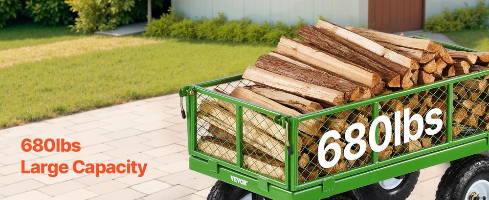 VEVOR 1200 Lbs Stahl Gartenwagen, Schwerlast Ziehbarer Gartenwagen, 2 in 1 Outdoor Metall Nutzwagen mit 13" All-Terrain Reifen, Abnehmbare Netzseiten und 180° drehbarem Griff, Grün-680 lbs