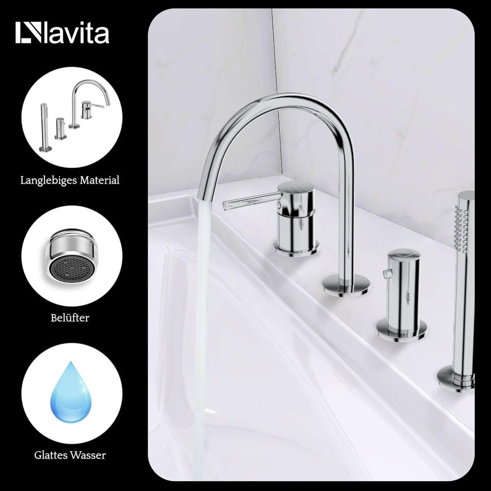 Lavita Orion 4-Loch Badewannenarmatur in Chrom | Wannenbatterie | Wasserhahn Bad s Design Armatur