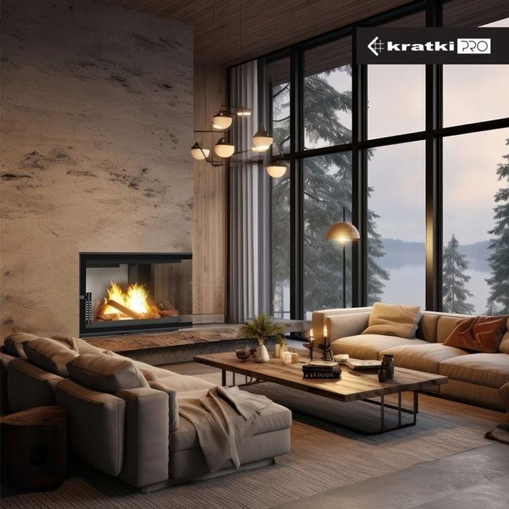 Kamin KRATKI FLOKI L Links 12kW Ø200 Schwarz mit Türschließung Set für Montage