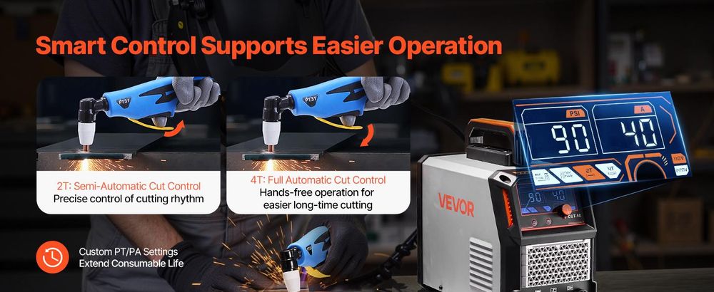 VEVOR Plasmaschneider, 50A Plasmaschneidgerät, Digitalanzeige IGBT Inverter-Schneidemaschine mit 2T/4T-Funktion & einstellbarer PA/PT-Zeit, Ideal für Heimreparaturen, Werkstätten