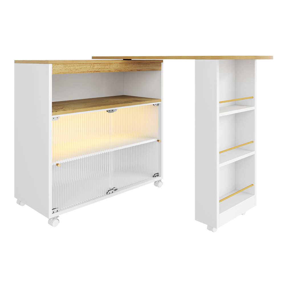 Flieks Ausziehbar Esstische Küchentisch mit Regal und Staufach, Bartisch Stehtisch mit LED, Rechteckig Tisch Kücheninsel 360 ° Drehbar, Weiß
