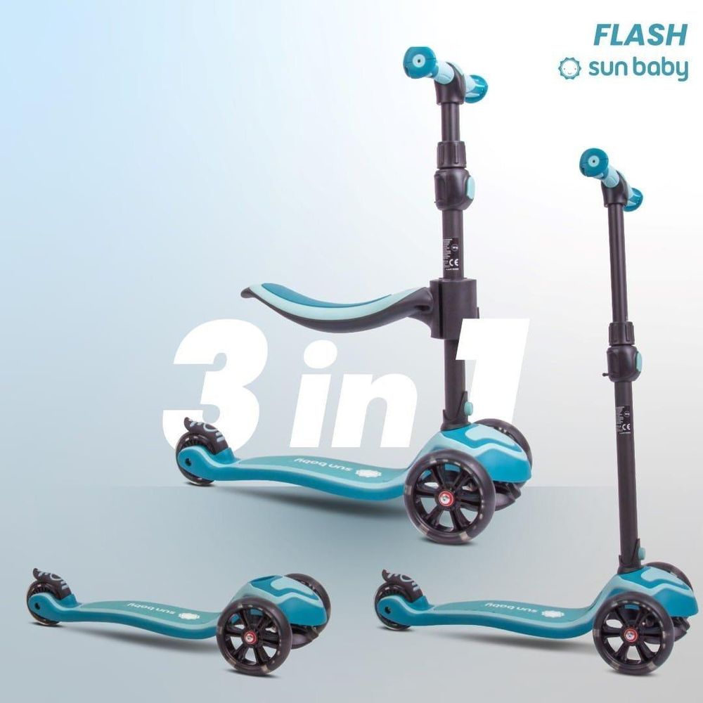 Patinete SUN BABY mostrando las tres funciones 3 en 1