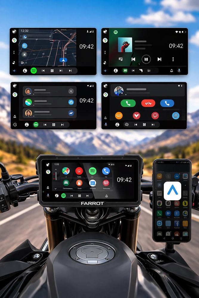 Moto displej zobrazující Apple CarPlay a Android Auto rozhraní s připojeným telefonem