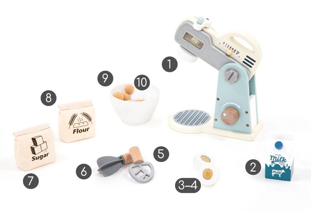 Vollständiger Inhalt des 10-teiligen UMU Holz-Mixer-Sets für die Kinderküche