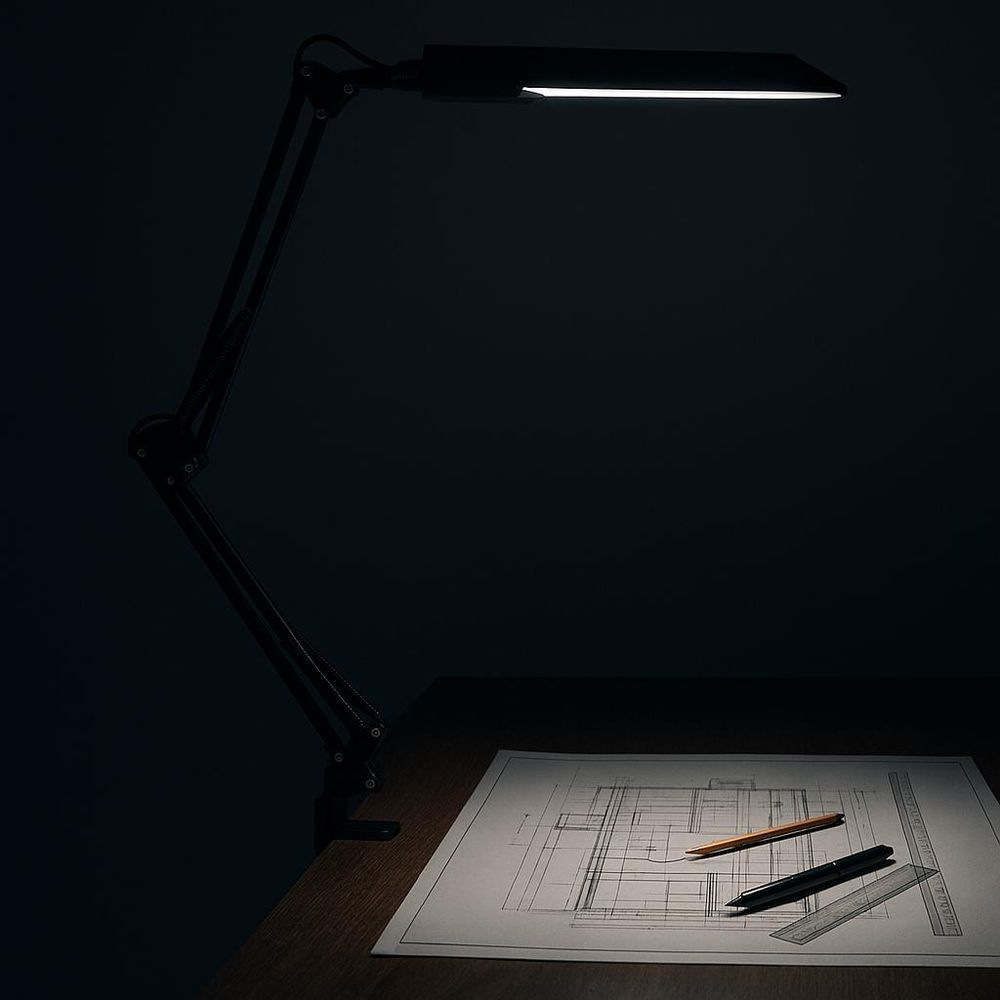 Schwarze LED-Tischleuchte mit Schwenkarm beleuchtet Zeichnung auf dunklem Schreibtisch.