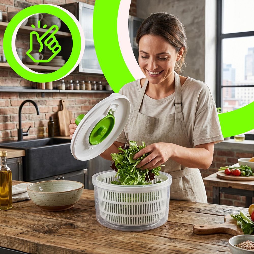 Salatschleuder 2,5L mit Kurbelantrieb, Sieb, Spülmaschinengeeignet, perfekt für Fresh Salat & Gemüse, Weiß Grün – Retoo