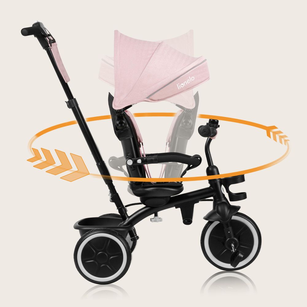 Multifunktionales Dreirad und Kinderwagen Lionelo Berry von 9 Monaten bis 5 Jahren bis zu 25 kg Große PolyurethanRäder, Dreirad-Drehsitz 360° Rosa