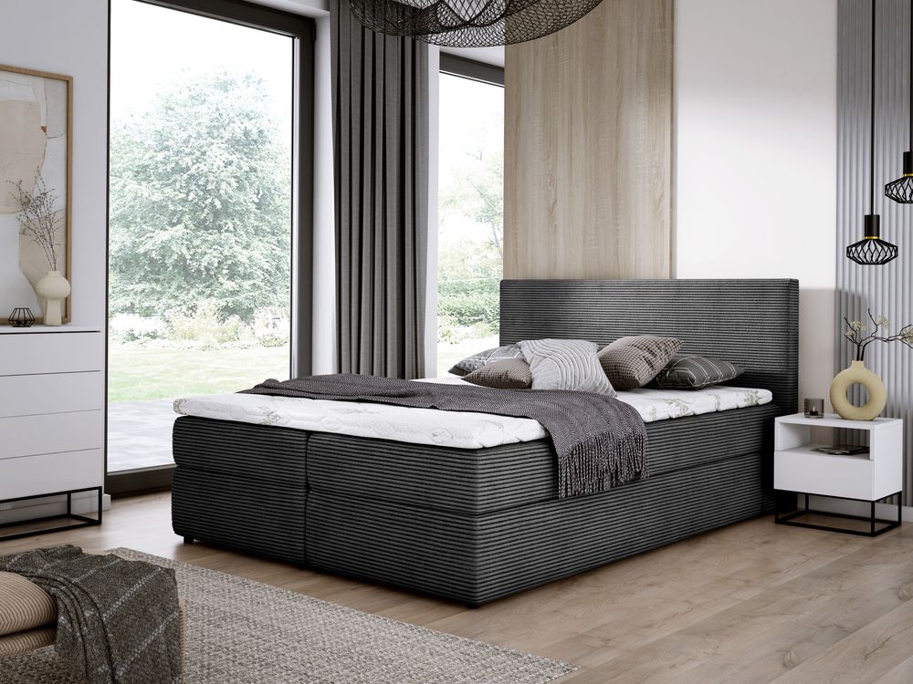E-ZIMPAZ Boxspringbett SIMPLE 180x200 cm, Polsterbett mit Zwei Bettkasten, Komplett-Set mit Matratze und Topper, Doppelbett Cordstoff - Grau