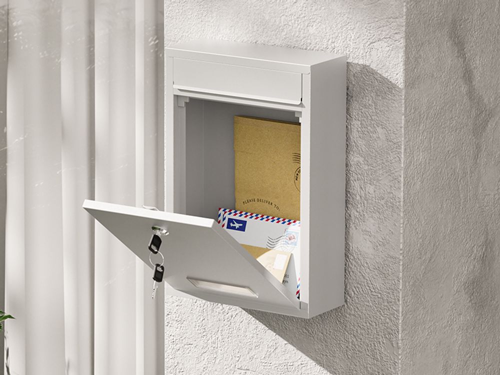Wiltec Briefkasten weiß V11 Postkasten mit Namensschild, großem Briefschlitz und 2 Schlüsseln Wandbriefkasten aus pulverbeschichtetem Stahl