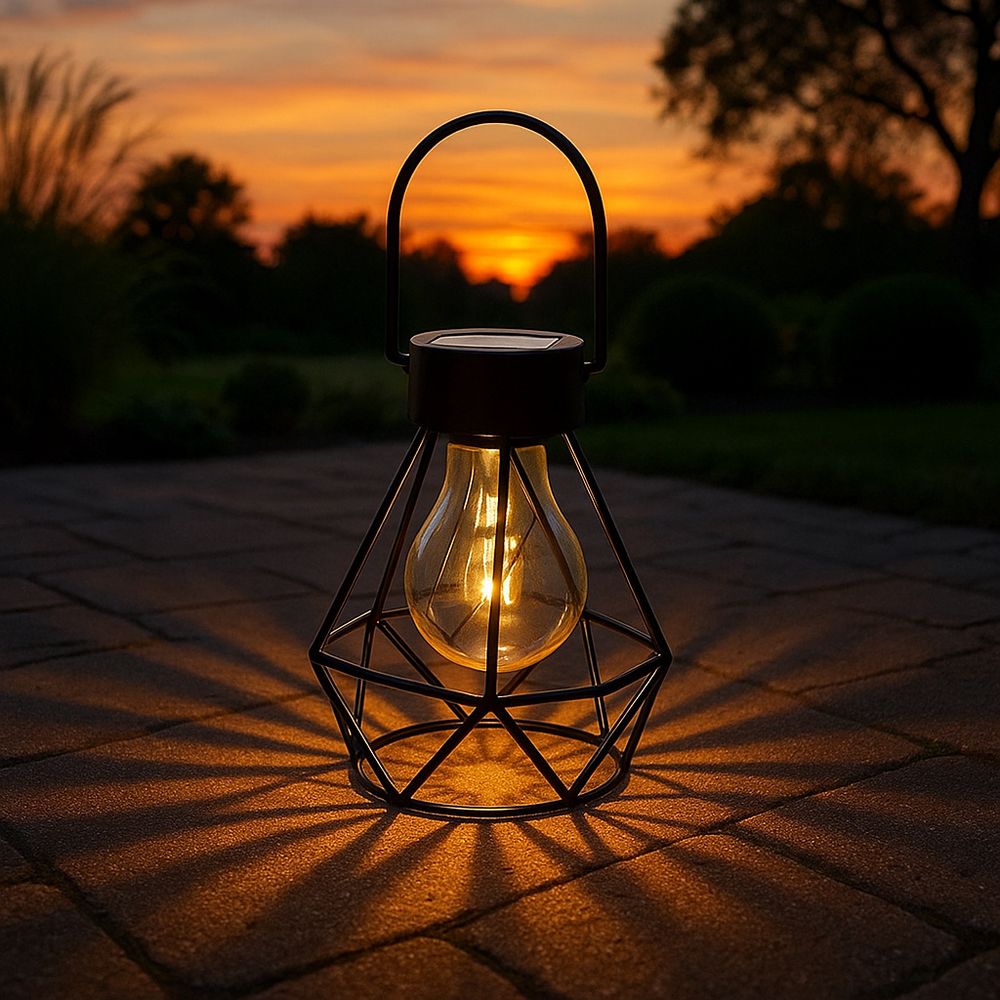 Helles Licht von kugelförmigen Gartenleuchten, das einen Pfad im Gras bildet.