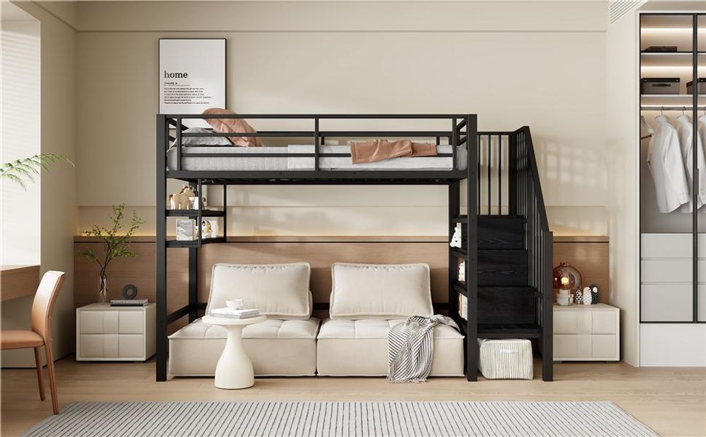 Merax Etagenbett Hochbett 90×200cm,mit Regalen, Stauraumleiter, sicherem Geländer, Eisenbett, Stockbett, Kinderbett, Jugendbett, Schwarz