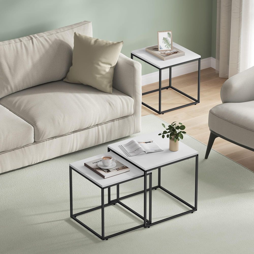 FORTENA Couchtisch 2er Set Quadratisch Weiß Schwarz – Modern Wohnzimmertisch Beistelltisch