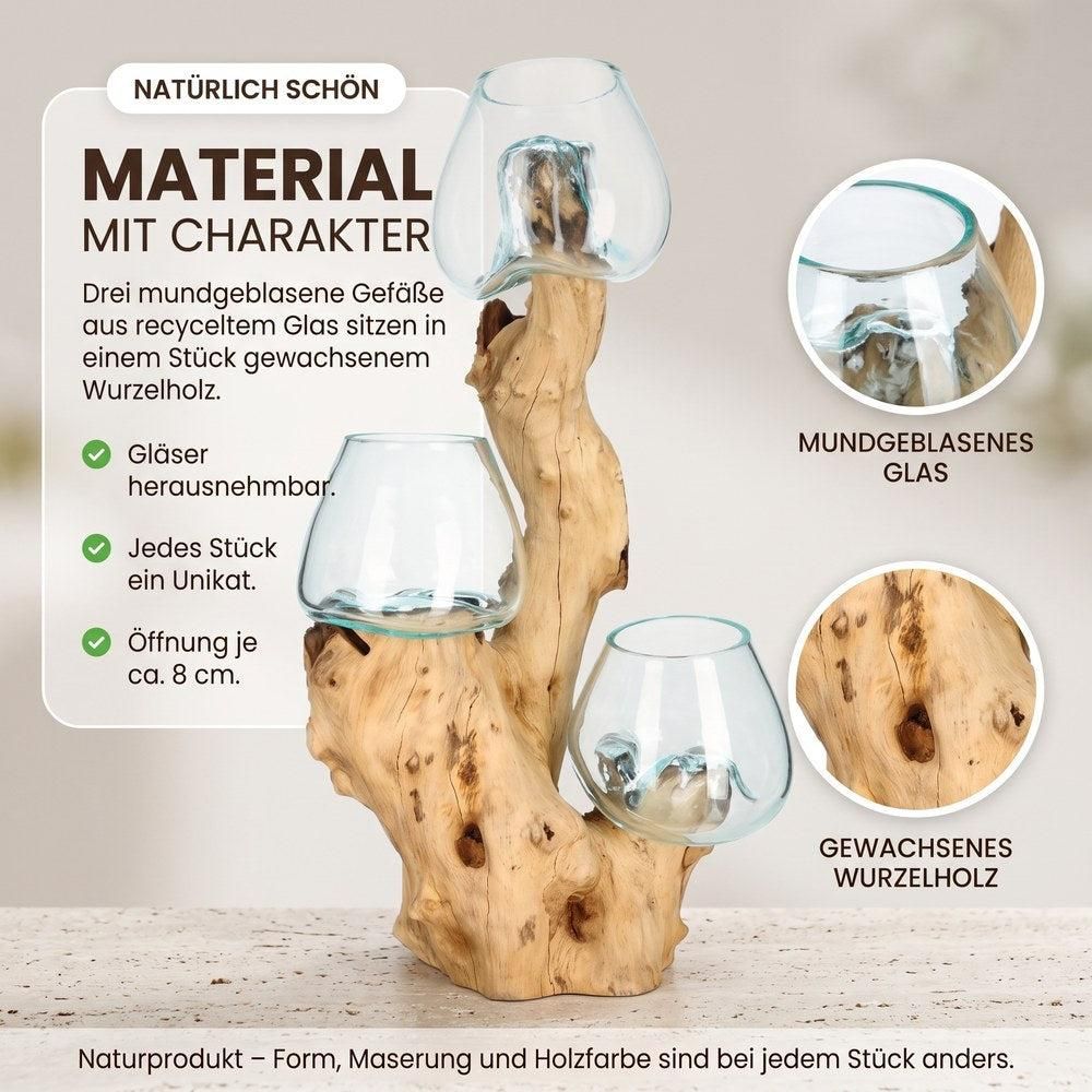Mundgeblasenes Glas und Wurzelholz im Detail