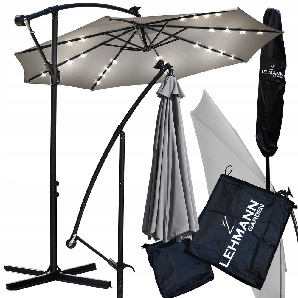 LEHMANN Sonnenschirm mit LED Beleuchtung ,V-Schutz, Wasserdicht, 32 LEDs, Solarbetrieben, Inkl.Schutzhülle