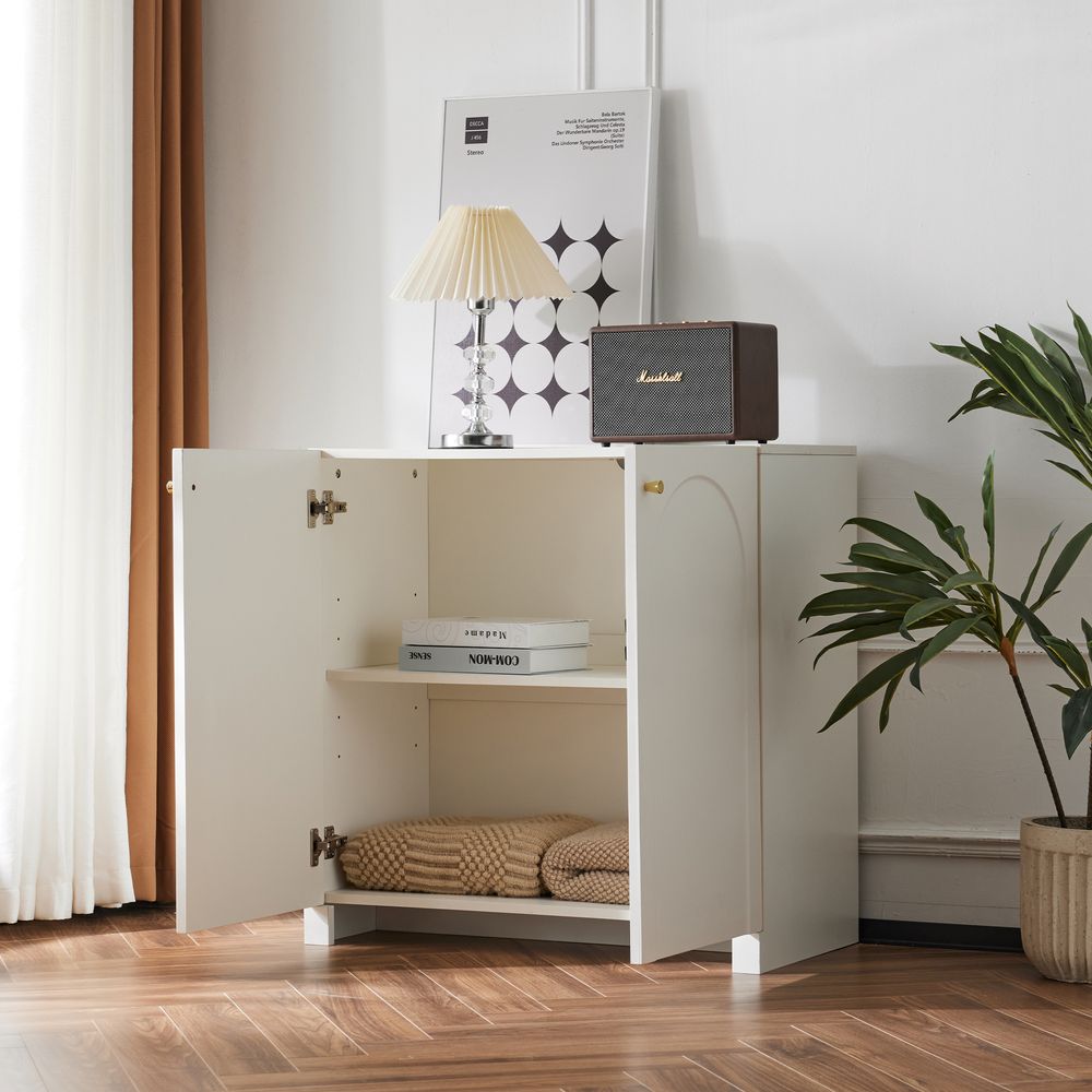 MERAX Sideboard Kommode mit 2 Türen und Ablage, Highboard Standschrank mit Bogenmuster & goldenen Griffen, 80x40x80cm, Weiß, romantisches Design