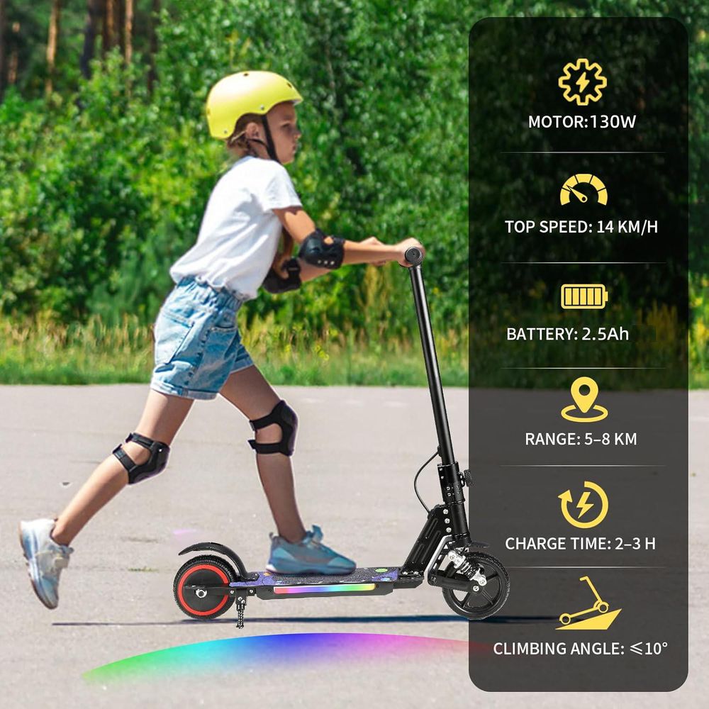 Elektroroller Kinder, Elektroscooter Für 6–12 Jahre, 130W, 14 km/h, 5–8 km, LED-Display, Stoßdämpfer, Klappbar E-Scooter Schwarz