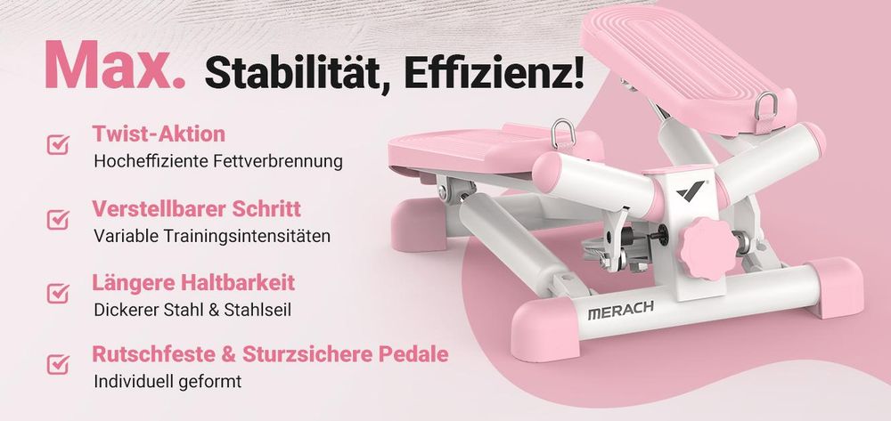 Mini Stepper 2-in-1 mit LCD-Display & Widerstandsseilen – Dreh- & Seitenschritttrainer bis 150 kg, Hometrainer für Beine, Po & Arme, Anfänger, rosa