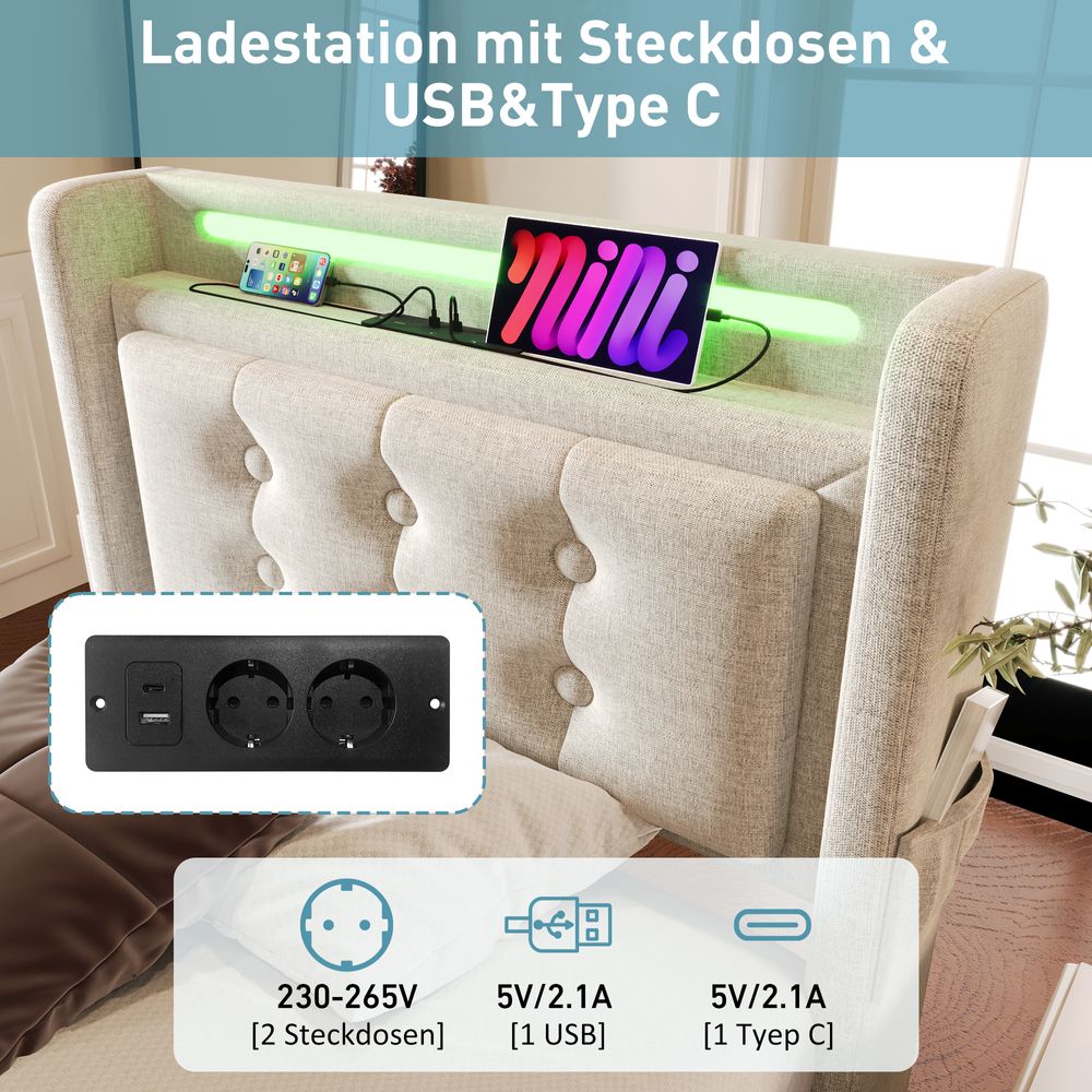 Flieks Polsterbett 90x200cm mit Ladefunktion, Einzelbett Jugendbett mit LED, Hydraulisches Stauraumbett Boxspringbett mit Lattenrost, Baumwolle, Beige