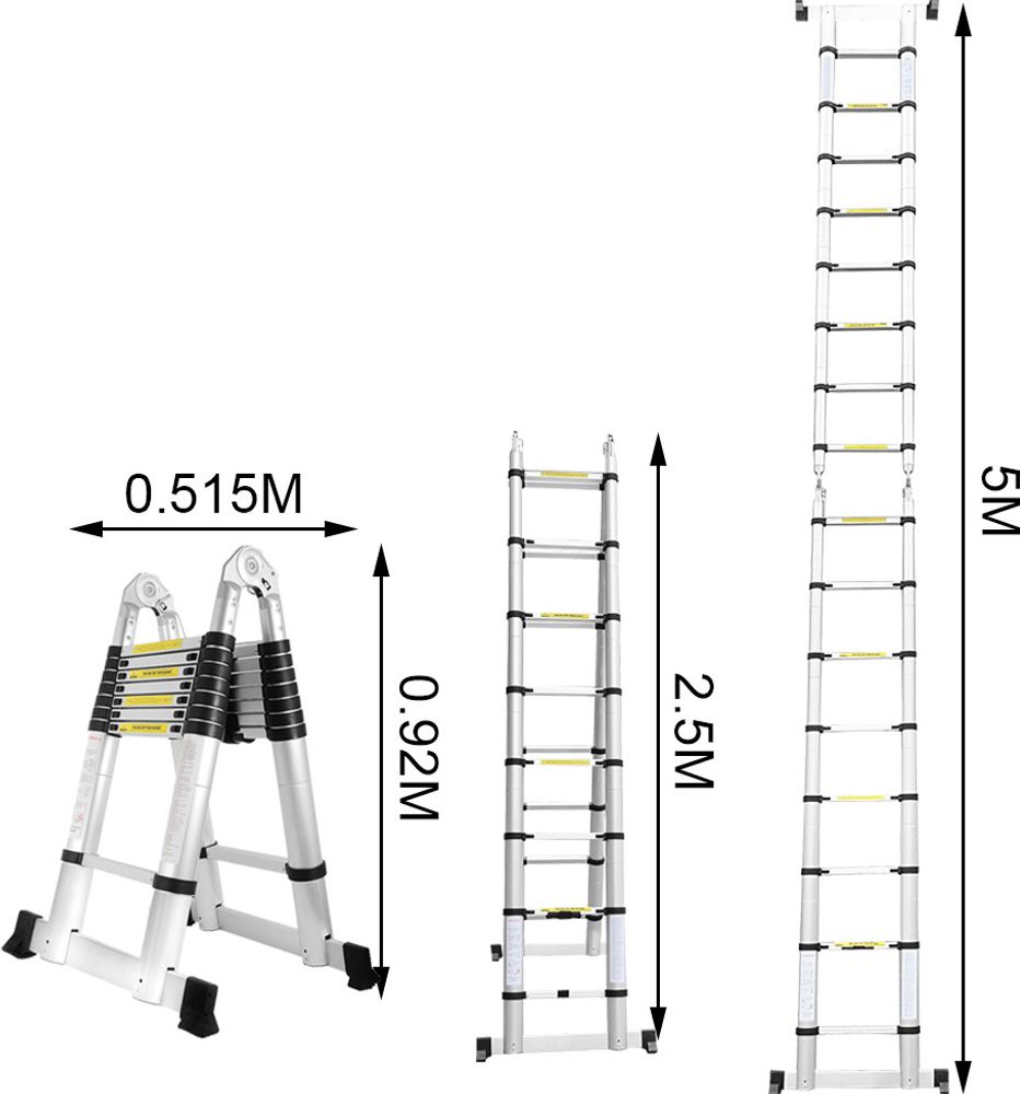 VINGO 5M(2.5+2.5M) Teleskopleiter Aluminium Mehrzweckleiter Fingerklemmschutz Auszeihleiter Klappbar Aluminiumleiter Antirutsch bis 150 KG