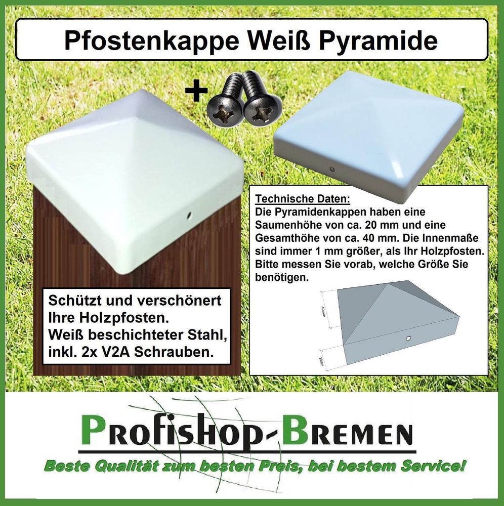 Pfostenkappe aus Stahl, weiß beschichtet in Pyramidenform für Pfosten 8x8 cm - inkl. 2x Edelstahl-Schrauben